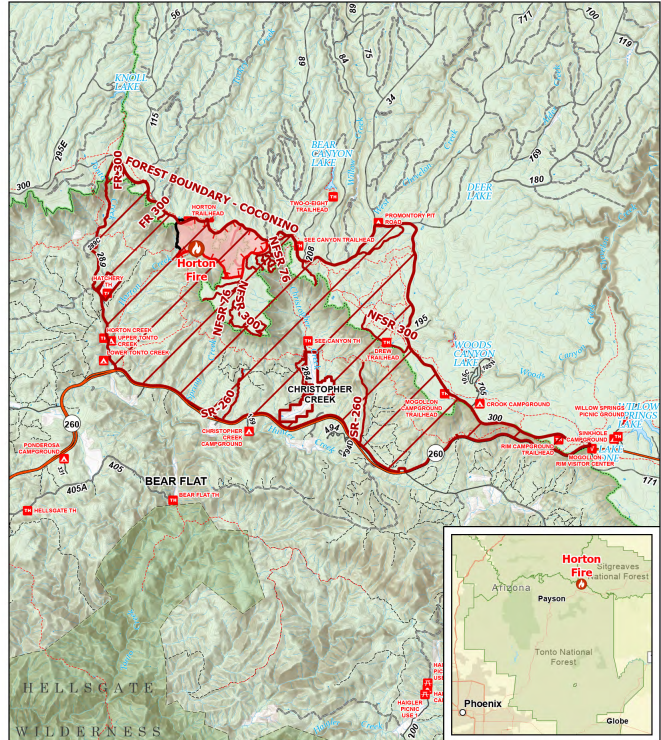 Map showing burn areas of the Horton Fire