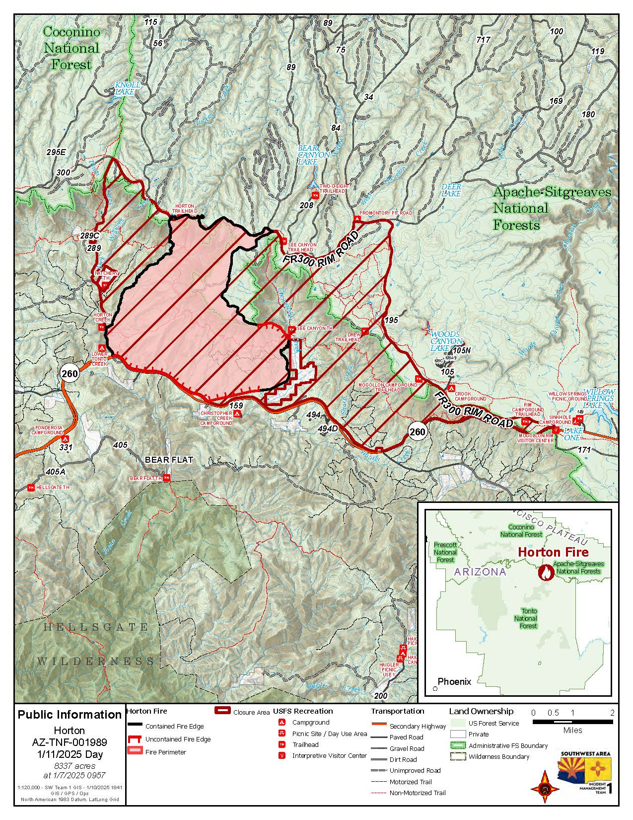 Map showing burn areas of the Horton Fire on January 11th