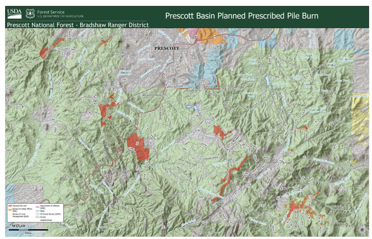 Map with location of Prescott National Forest prescribed burns