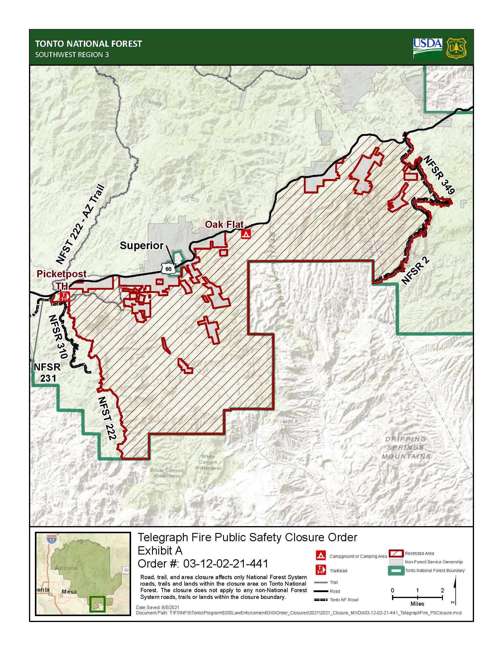 Map of Tonto Closures for Telegraph Fire June 5 2021