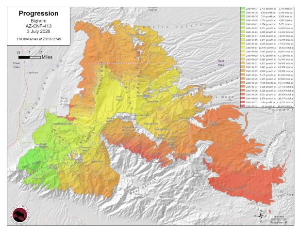 Bighorn Fire progression map 070320