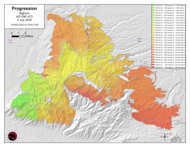 Bighorn Fire progression map 070420