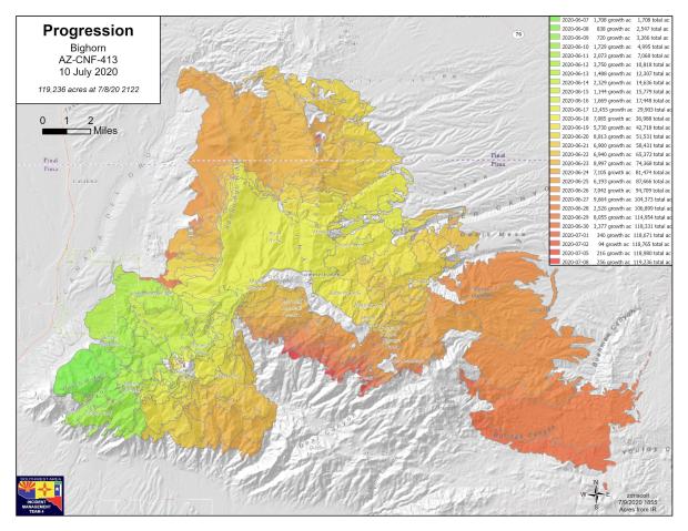 Bighorn Fire progression map 071020
