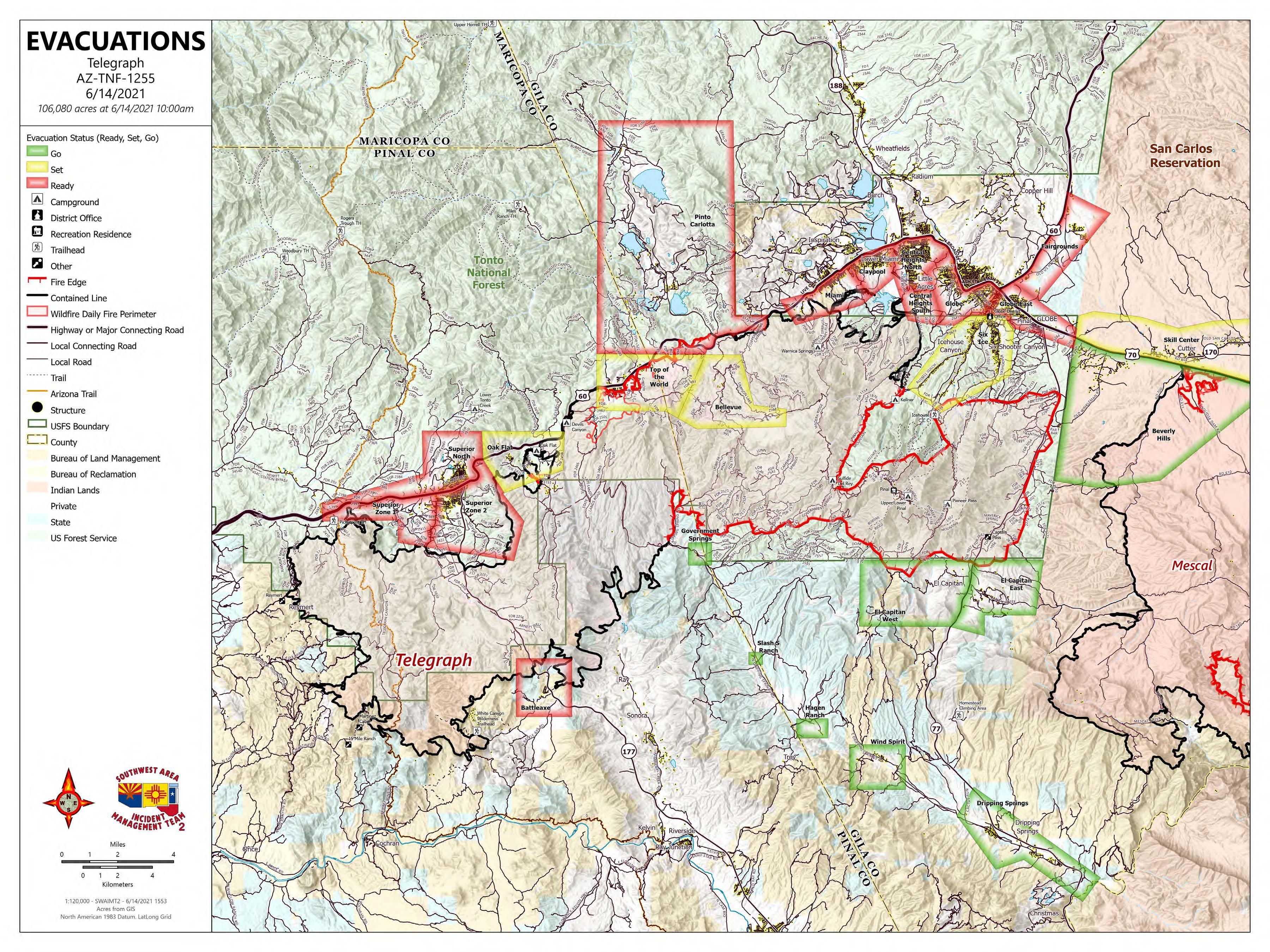 Telegraph Fire map with evacuations labeled