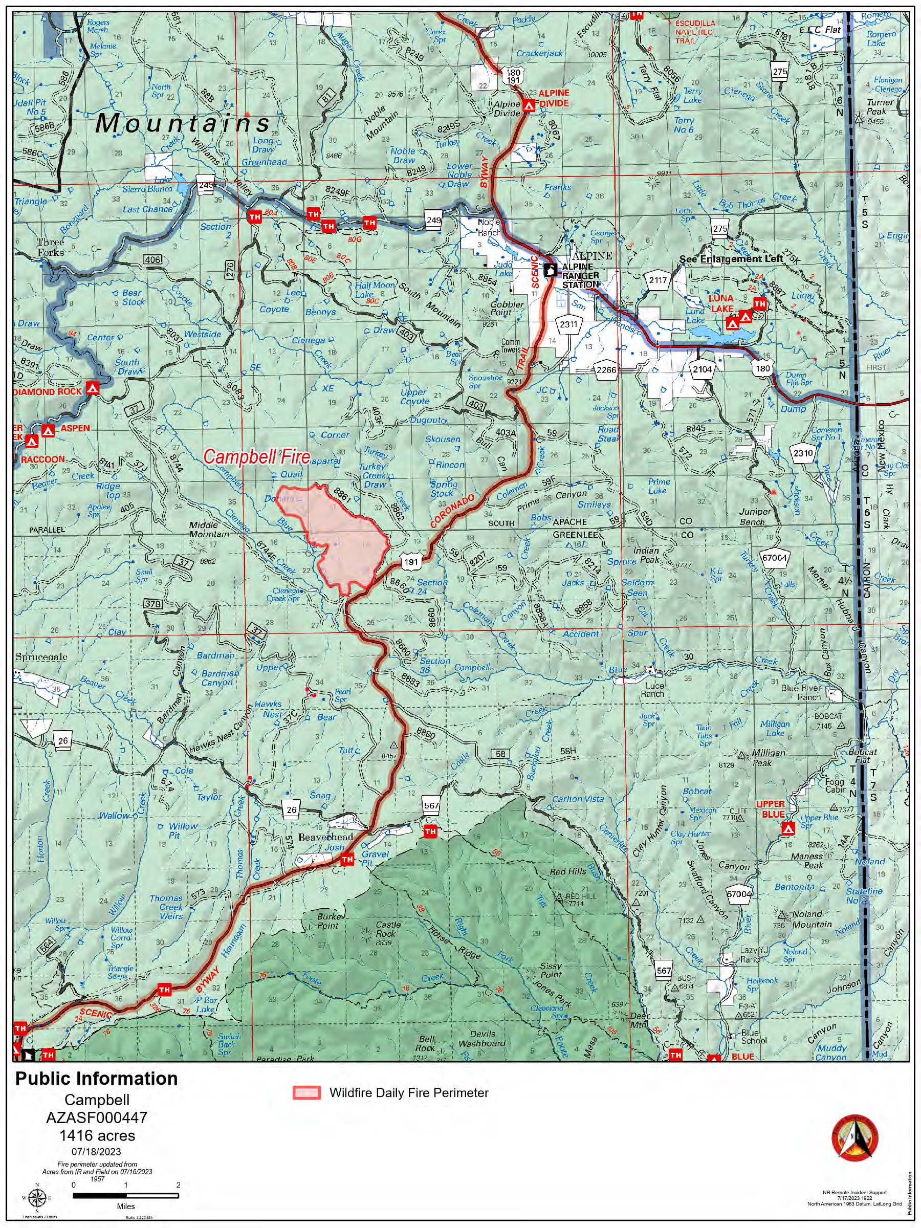 A map of the Campbell Fire July 18 2023