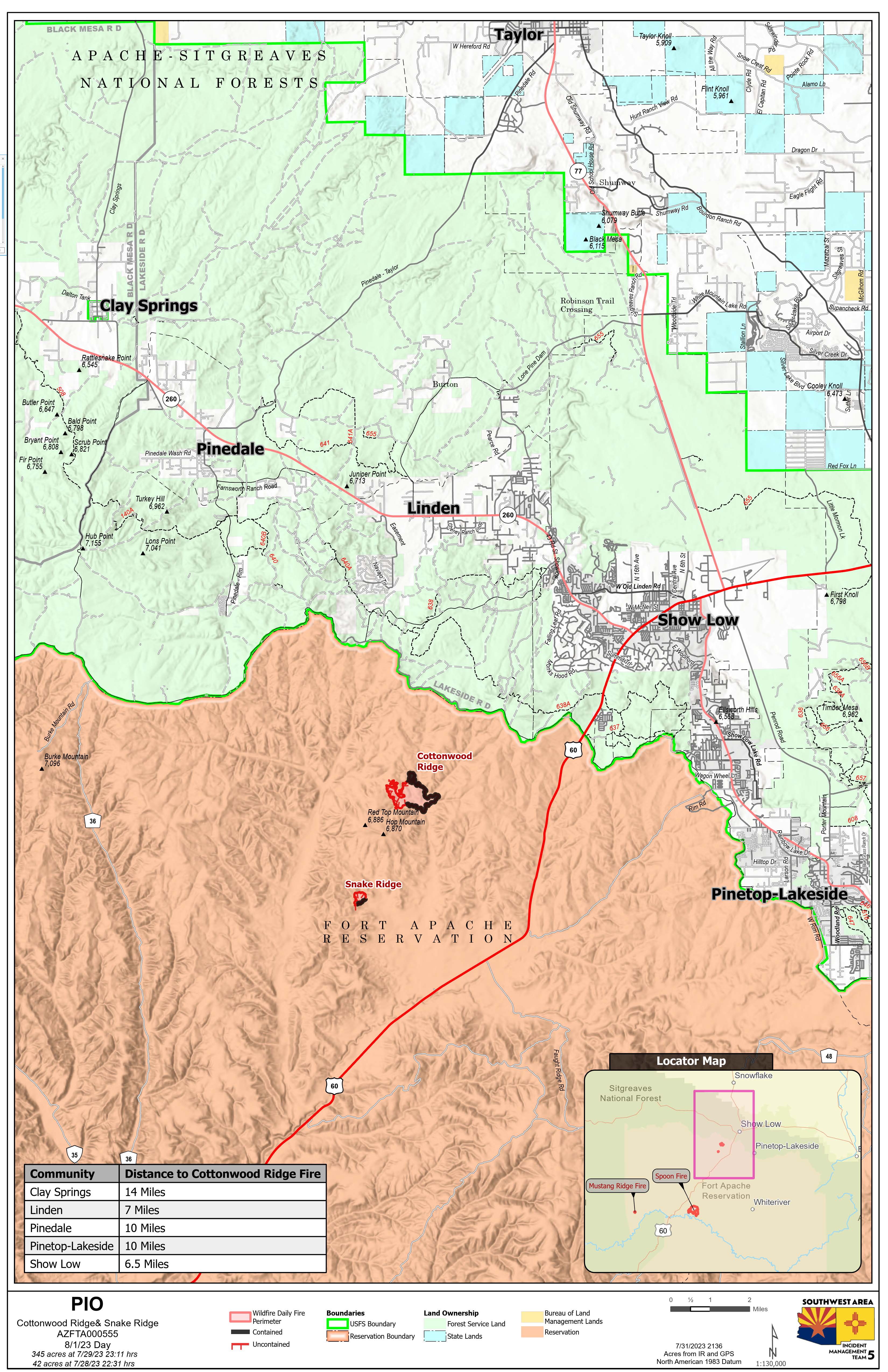 A map of the Cottonwood Ridge and Snake Ridge Fires August 1 2023