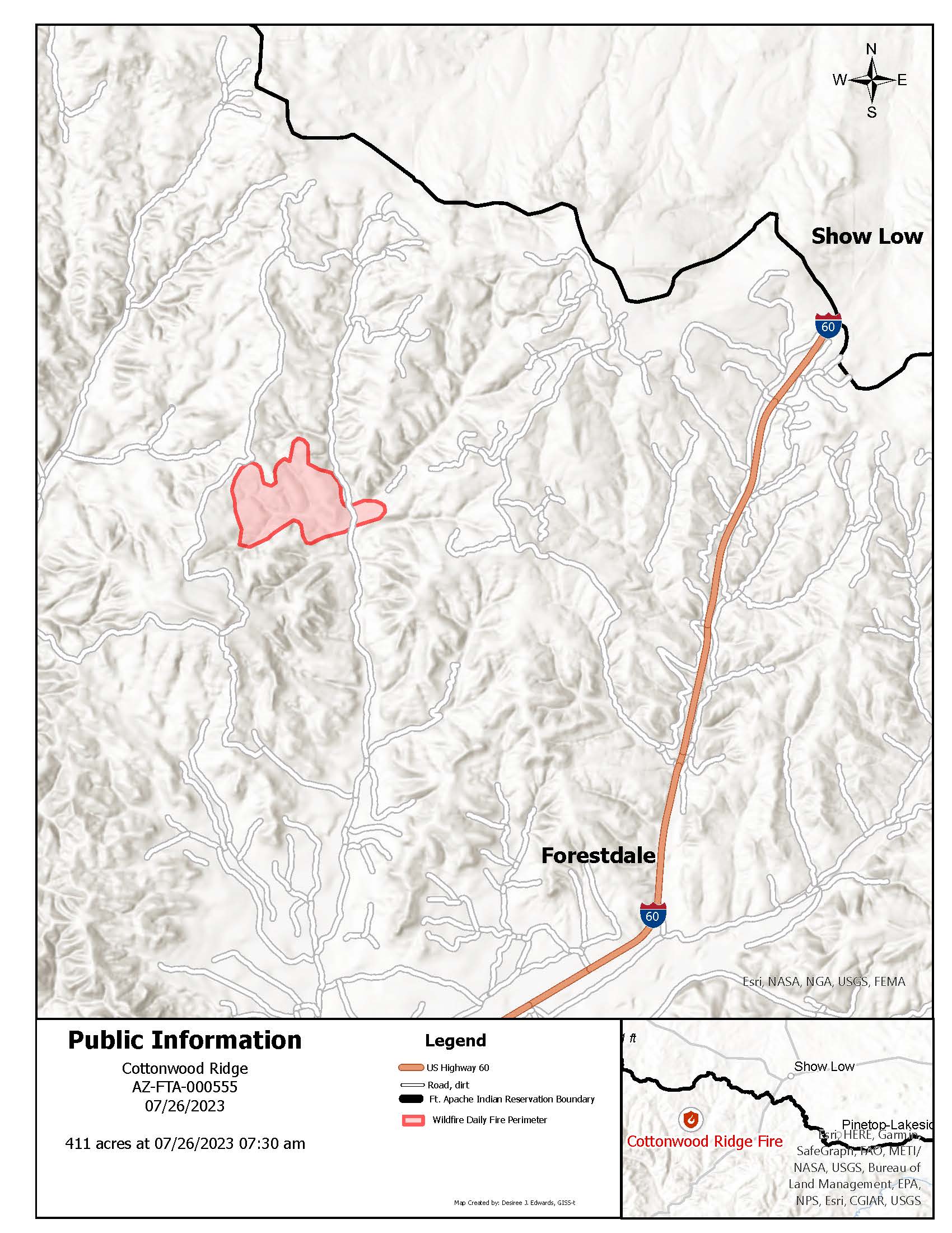 A map of the Cottonwood Ridge Fire July 26 2023