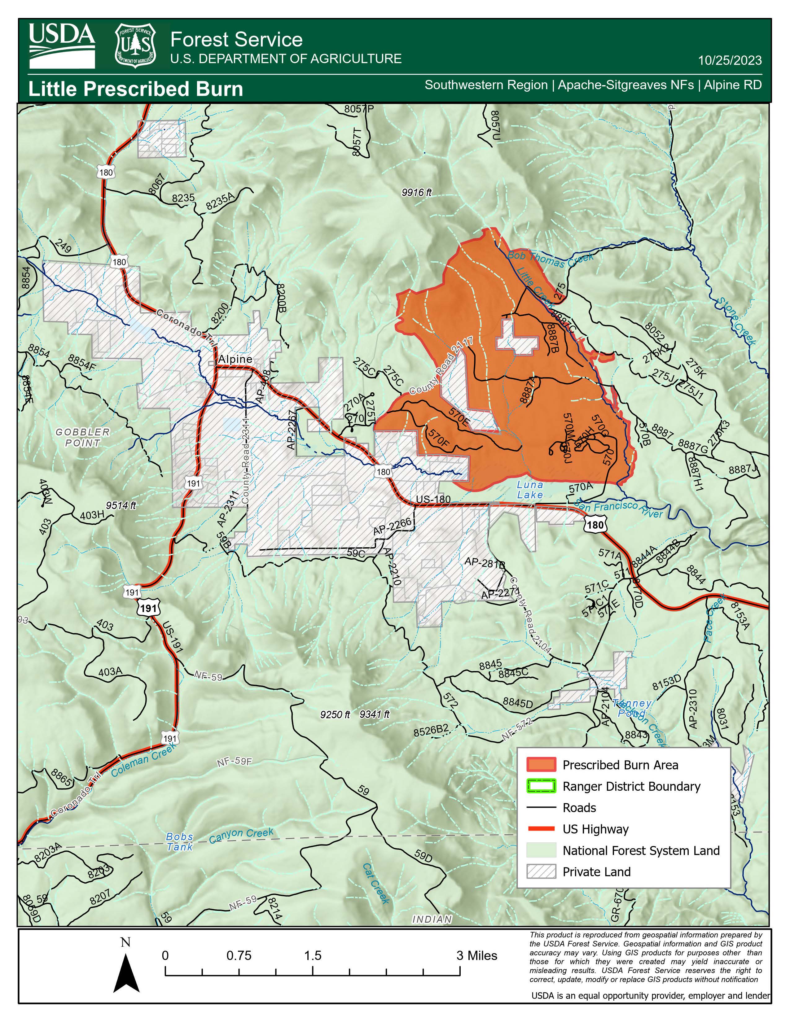 A map of the Little AlpineRD Apache Sitgreaves prescibed burn October 26 2023