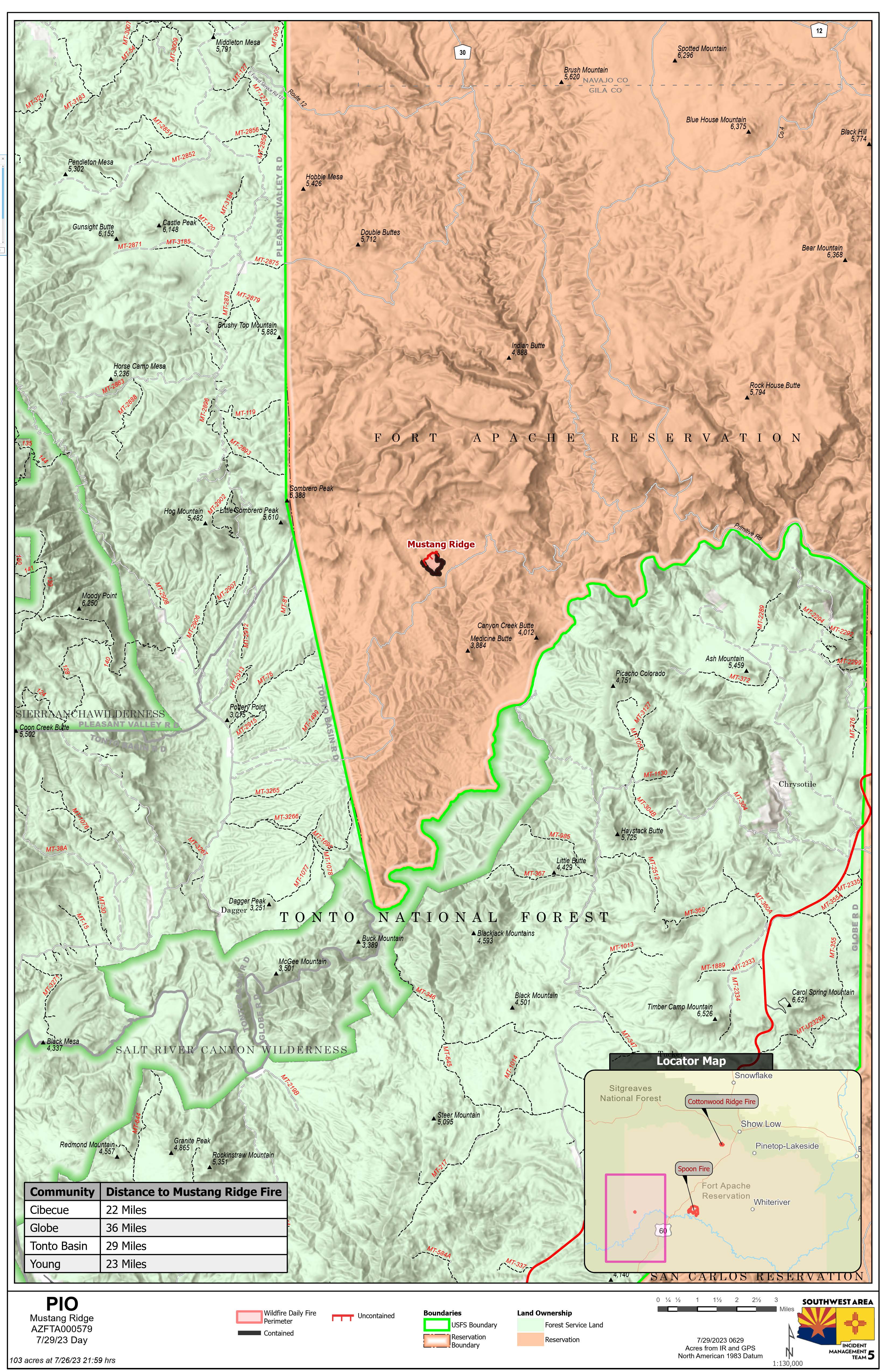 A map of the Mustang Ridge Fire July 29 2023