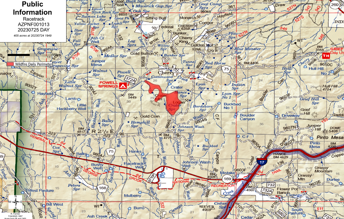 A map of the Racetrack Fire July 25 2023