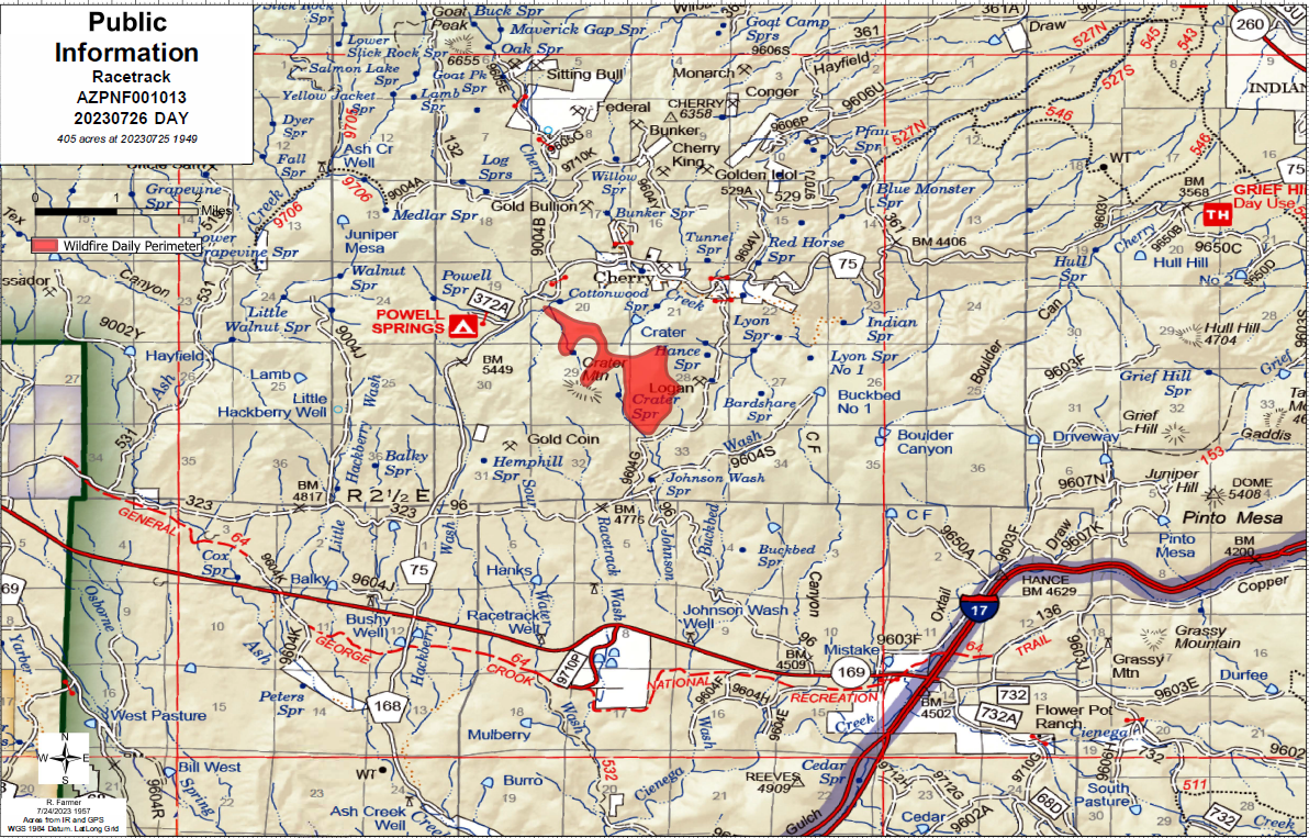 A map of the Racetrack Fire July 26 2023