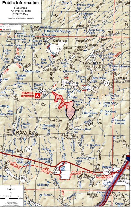 A map of the Racetrack Fire July 27 2023
