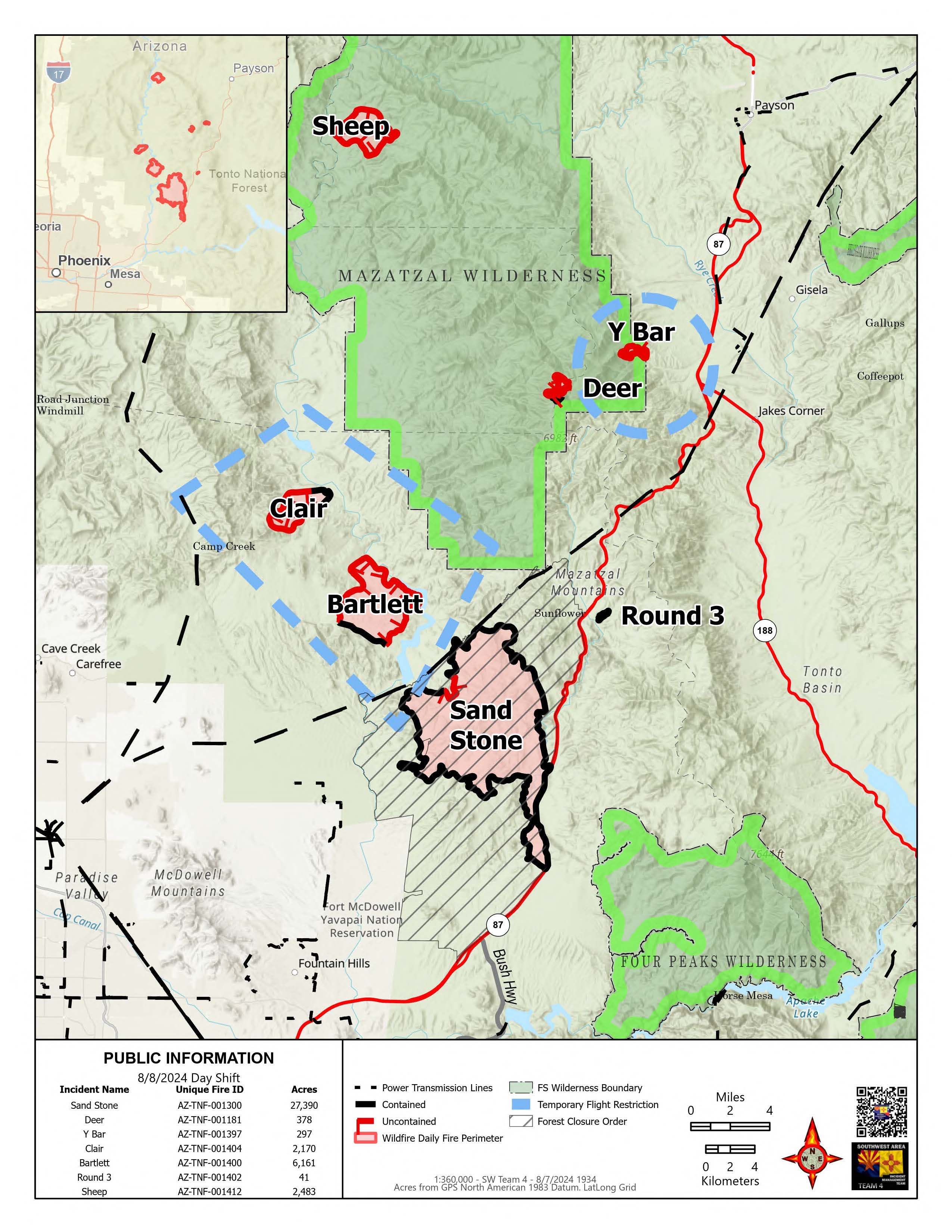 A map of the Sand Stone Clair Bartlett Y Bar Sheep Round 3 and Deer fires on August 8 2024