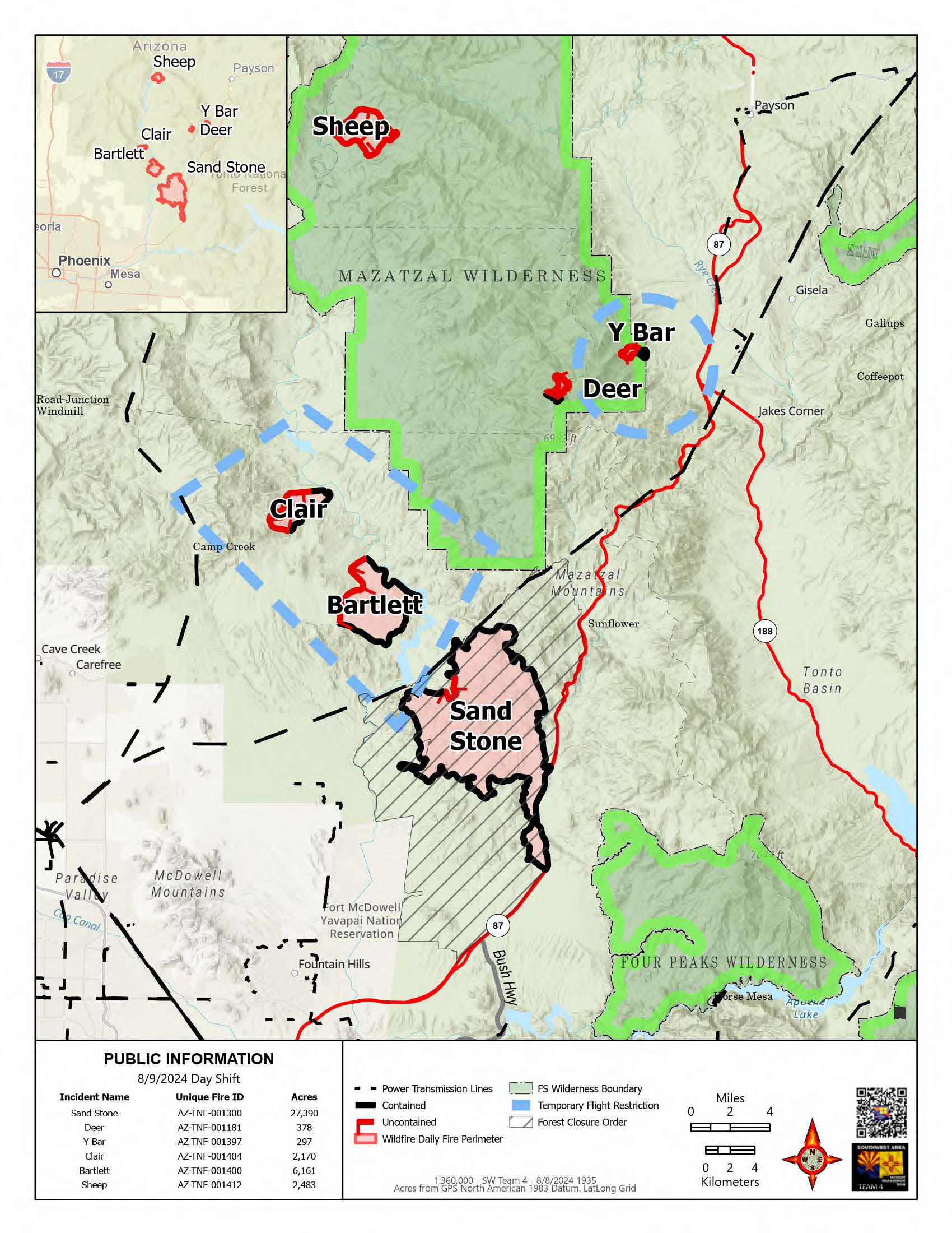 A map of the Sand Stone Clair Bartlett Y Bar Sheep Round 3 and Deer fires on August 9 2024