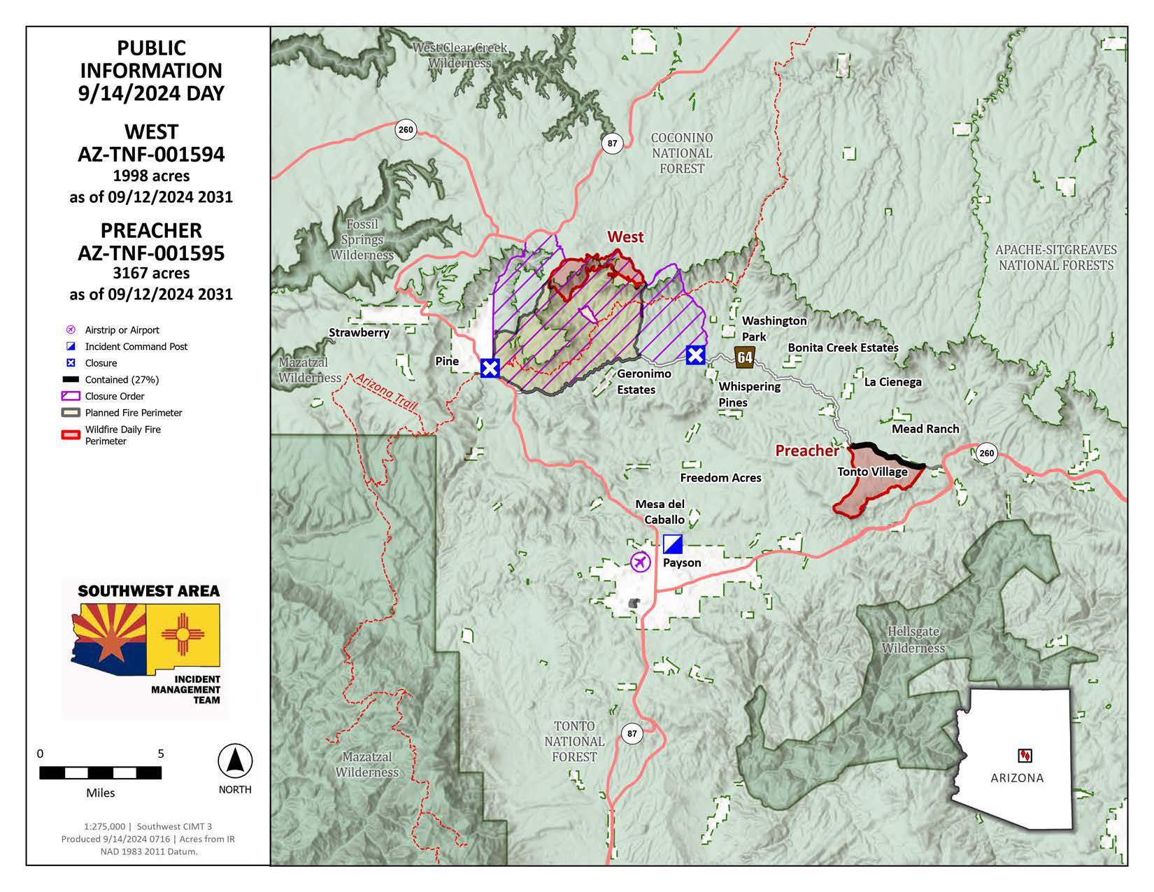 A map of the West and Preacher fires on September 14 2024