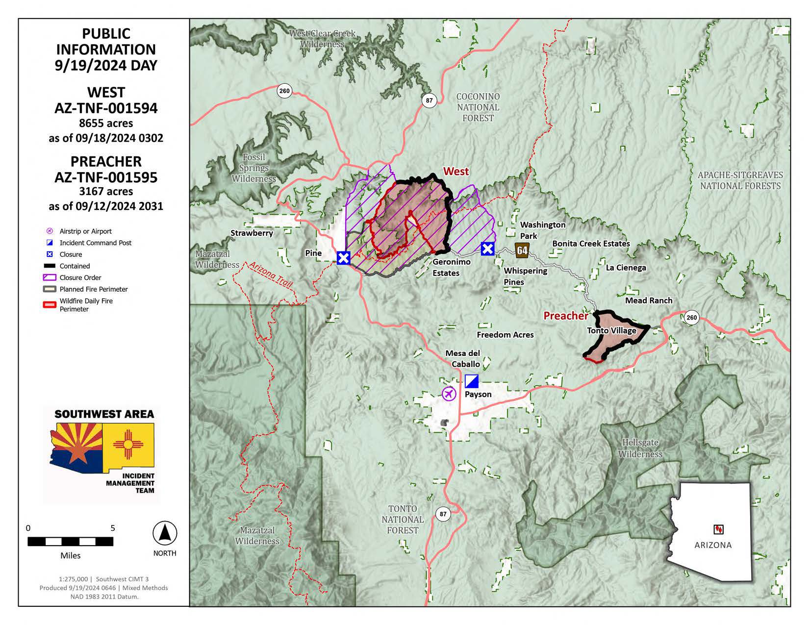 A map of the West and Preacher fires on September 19 2024