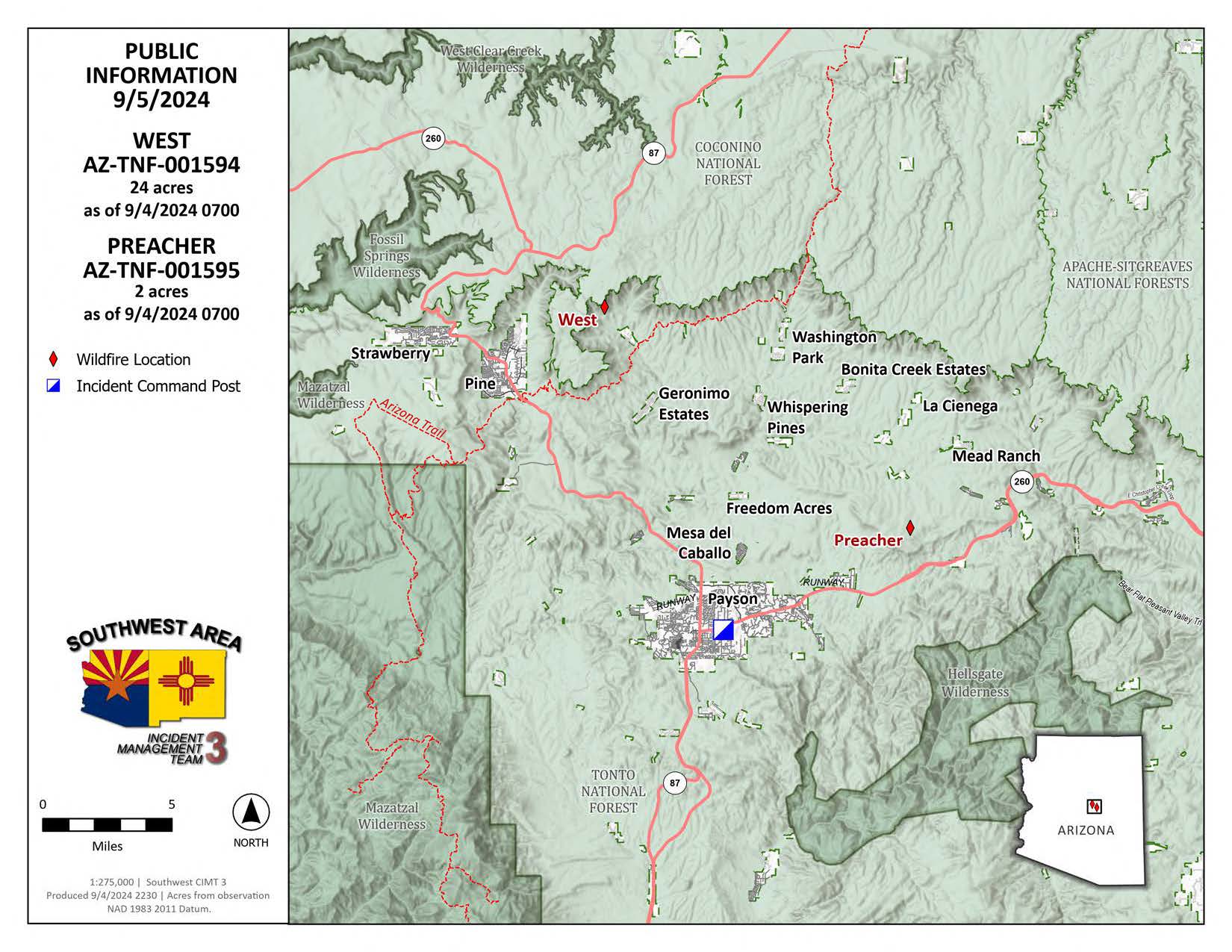 A map of the West and Preacher fires on September 5 2024