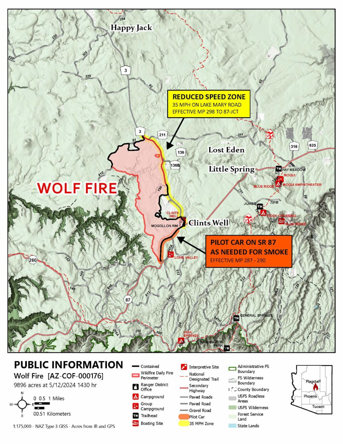 A map of the Wolf Fire May 13 2024