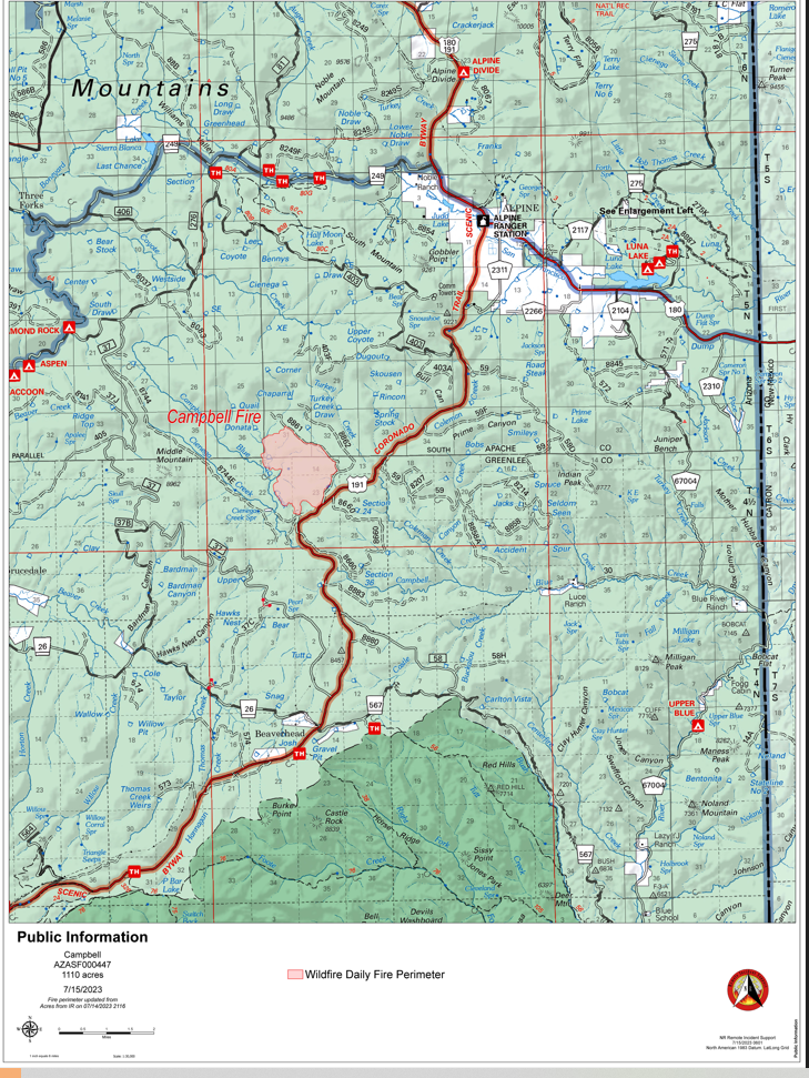 Map showing the boundary of the Campbell Fire