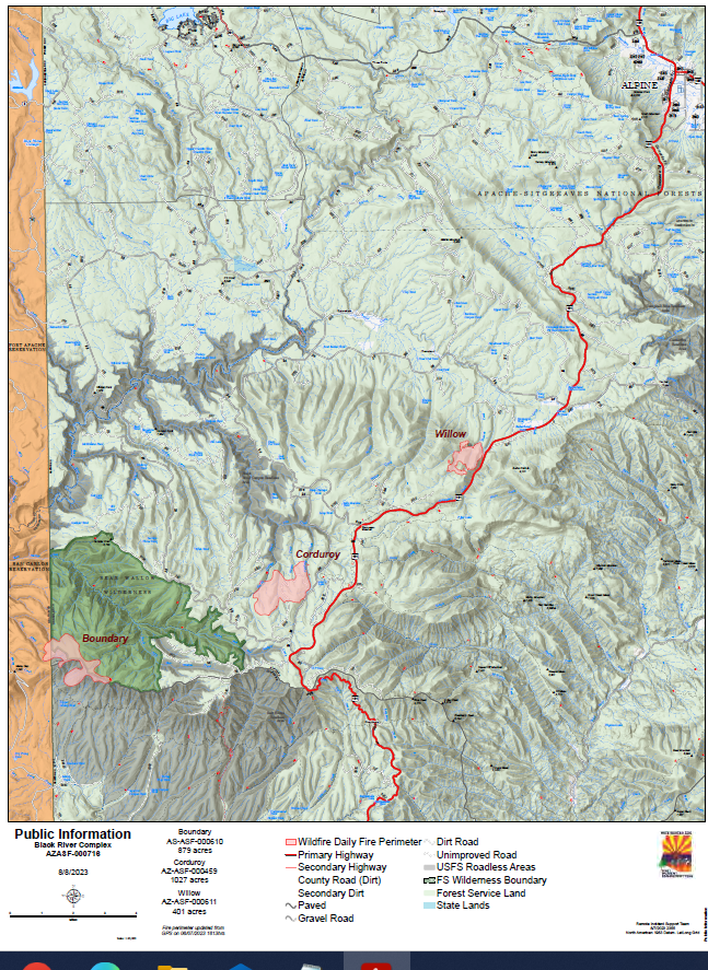 Map indicating the 3 fires of the Black River Complex Fire
