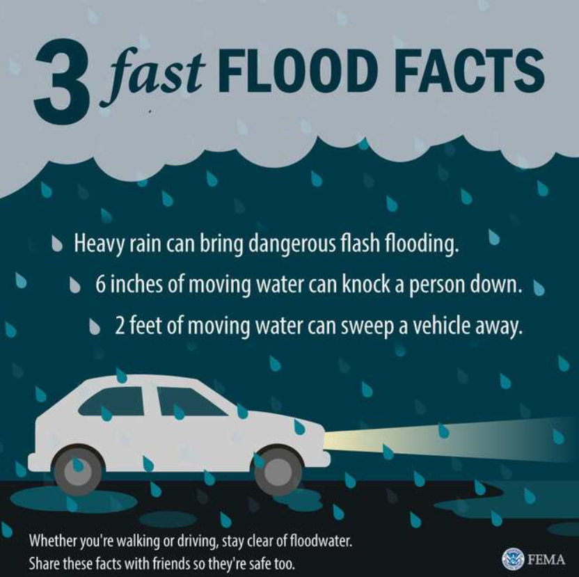 Car driving in the rain with flood facts