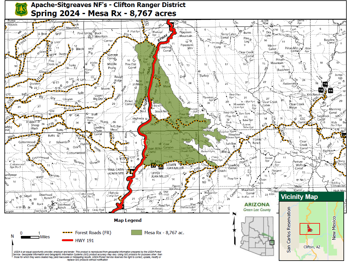 Map showing location of the Mesa Prescribed Fire on the Clifton Ranger District