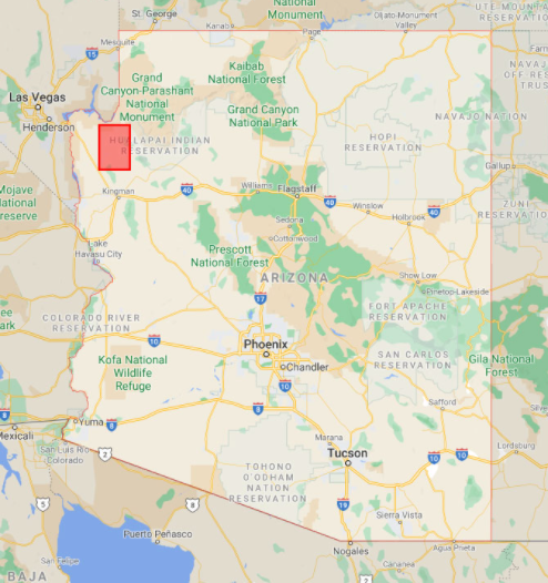 Map showing area in northwestern Arizona impacted by a power outage 