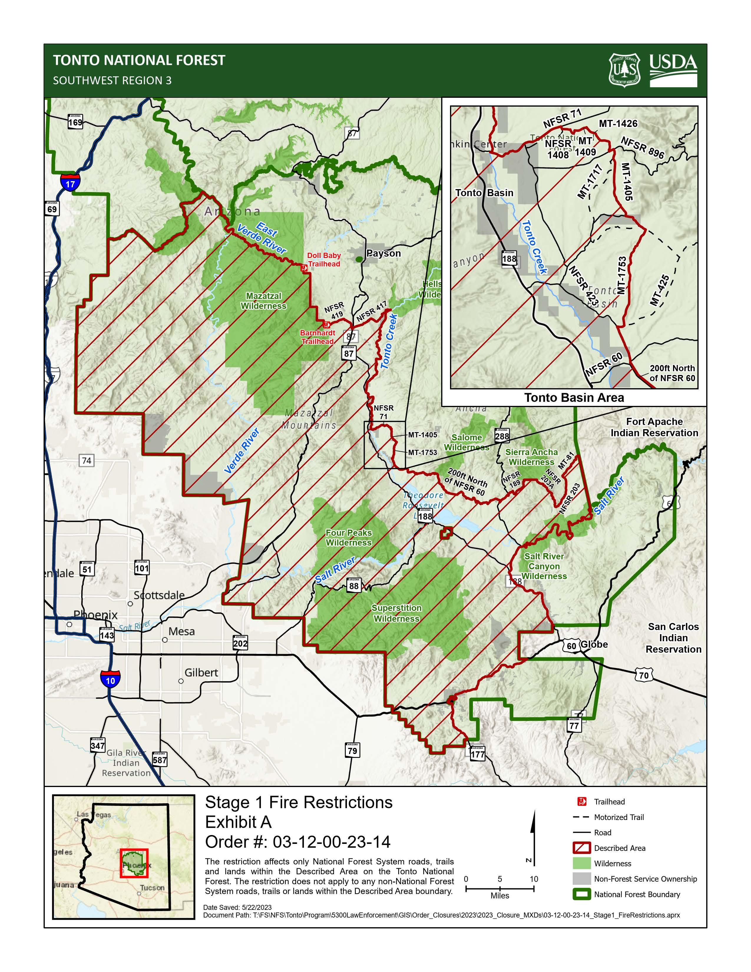 Map of Tonto National Forest fire and recreational shooting restrictions June 8 2023