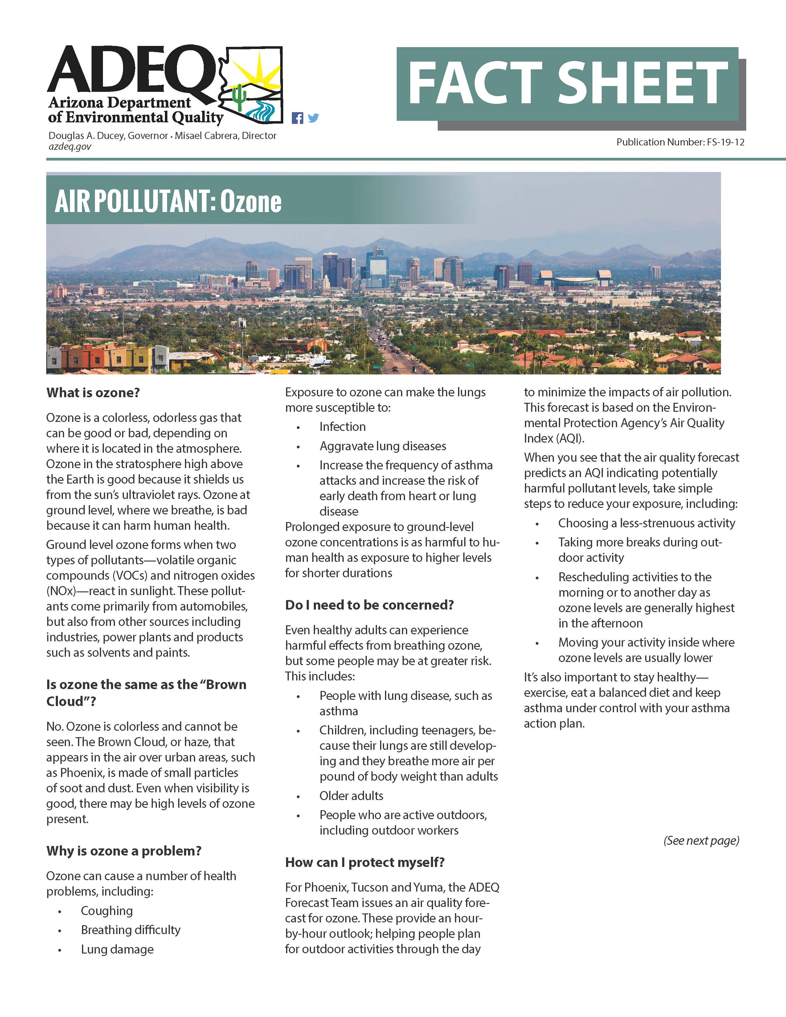 This is page 1 of the Ozone Fact Sheet from the Arizona Department of Air Quality