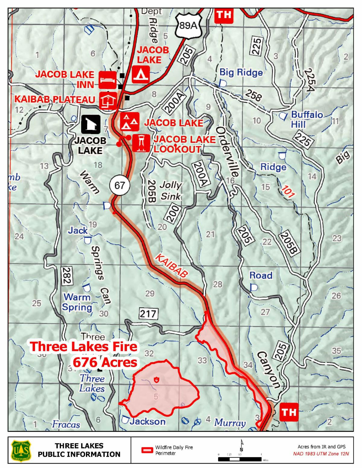 A map of the Three Lakes fire June 28 2023