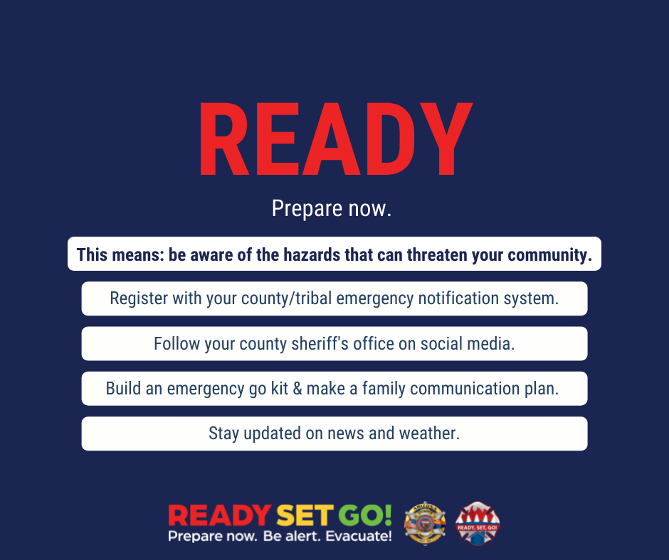 Graphic with a blue background. The text on the graphic reads: Ready: Prepare now. This means: Be aware of the hazards that can threaten your community. Register with your country/tribal emergency notification system. Follow your county sheriff’s office o