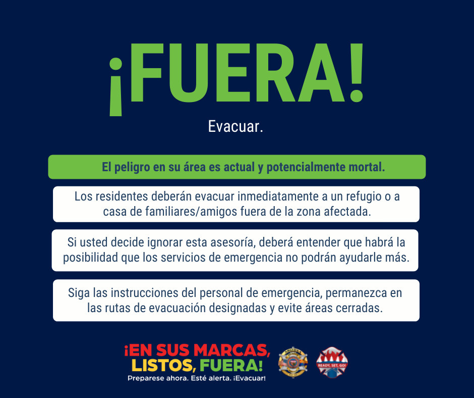 Graphic with a blue background. The text on the graphic reads: Go! Evacuate! This means: Know there is significant danger in your area. Evacuate immediately to a shelter or family/friend’s home. If you choose to ignore this advisement, you must understand