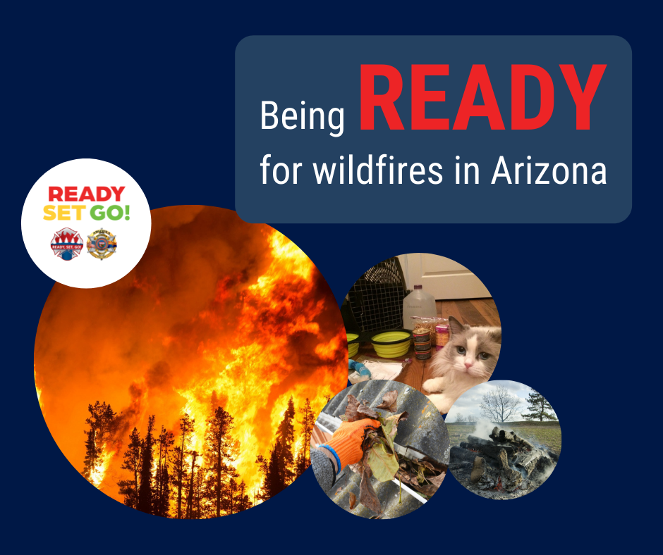 Graphic with a blue background. The text on the graphic reads: Being READY for wildfires in Arizona. Pictures of fire, prepared pets, brush clearing, and campfires are below. For more information visit ein.az.gov/ready-set-go.