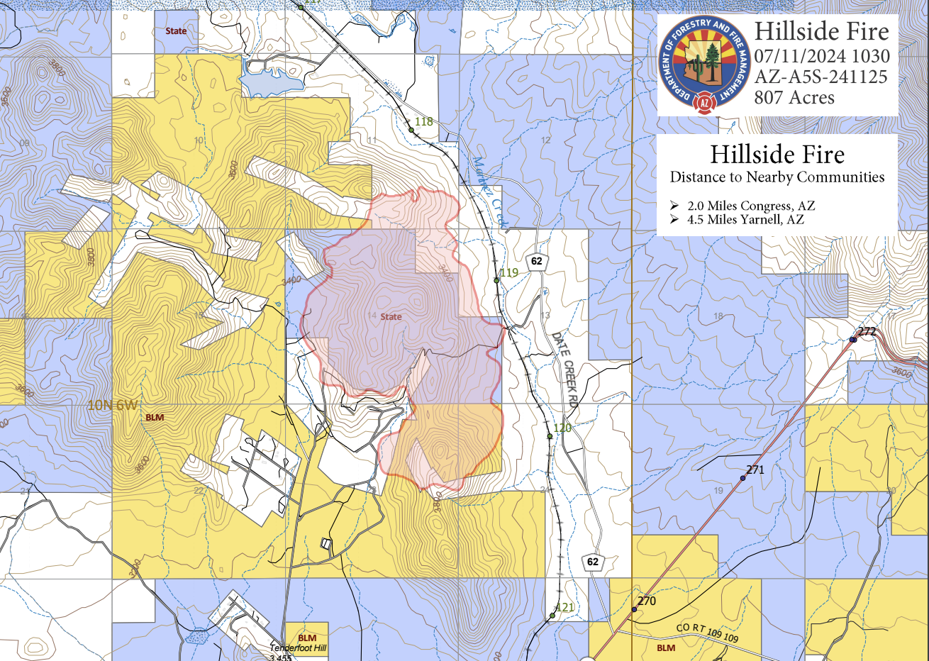 Map showing location of the Hillside Fire
