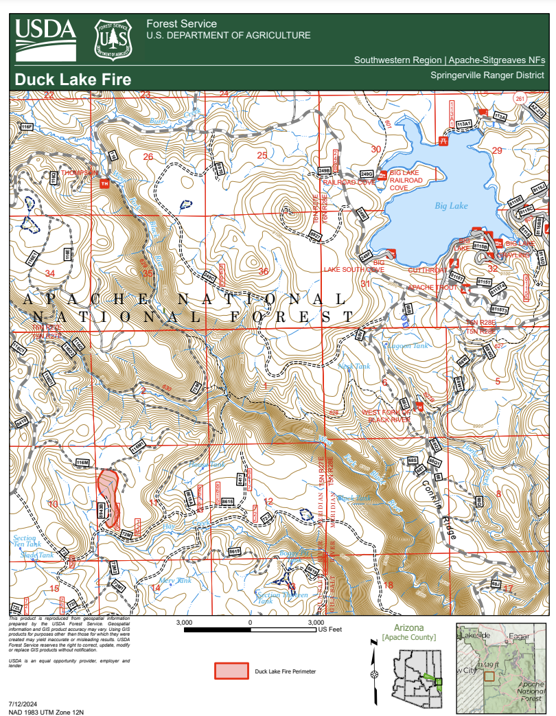 Map with the location of the Duck Lake Fire on July 12, 2024