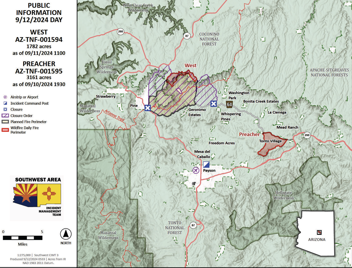 Map showing locations of the West and Preacher Fire