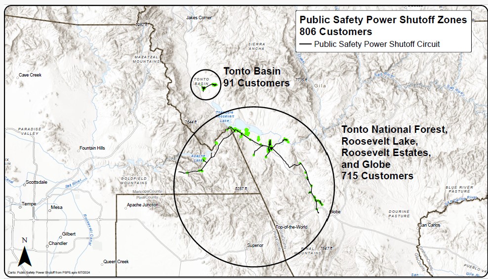 Map showing SRP communities that may be impacted by a Public Safety Power Shutoff