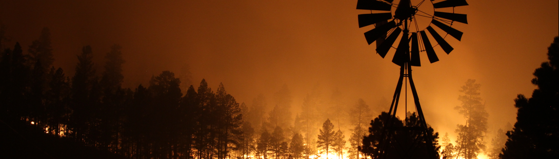 Forest full of ponderosa pines engulped with fire with the windmill untouched.