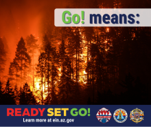 Graphic of a pine tree forest with visible flames, illuminated by fire. The text in the foreground of the graphic reads, “Go means.” For more information visit ein.az.gov/ready-set-go. 
