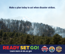 Graphic with a snow-capped peak in the distance and smokey pine trees in the foreground. The text in the graphic reads, “Make a plan today to act when disaster strikes.” For more information visit ein.az.gov/ready-set-go. 