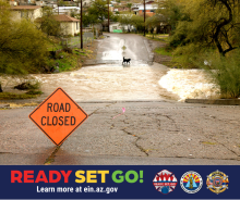 Graphic with a photo of a flooded roadway and a road closed sign. The text in the foreground reads, “Ready, Set, Go!” For more information visit ein.az.gov/ready-set-go. 