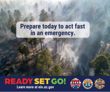 Graphic with tall pine trees with smoke around them in the background. The text in the foreground of the graphic reads, “Ready, Set, Go! Prepare today to act fast in an emergency.” For more information visit ein.az.gov/ready-set-go. 