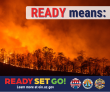 Graphic with a photo of a pine tree forest with visible flames, illuminated by fire. The text in the foreground of the graphic reads, “Ready means.” For more information visit ein.az.gov/ready-set-go. 
