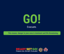 Graphic with a blue background. The text on the graphic reads: Go! Evacuate! This means: danger in your area is imminent and life-threatening. For more information visit ein.az.gov/ready-set-go.