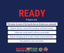 Graphic with a blue background. The text on the graphic reads: Ready: Prepare now. This means: Be aware of the hazards that can threaten your community. Register with your country/tribal emergency notification system. Follow your county sheriff’s office o