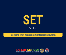 Graphic with a blue background. The text on the graphic reads: Set: Be Alert. This means: Know there is significant danger in your area. For more information visit ein.az.gov/ready-set-go.