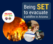 Graphic with a blue background. The text on the graphic reads: Being Set to evacuate a wildfire in Arizona. Pictures of fire, prepared pets, emergency plans, and news updates are below. For more information visit ein.az.gov/ready-set-go.